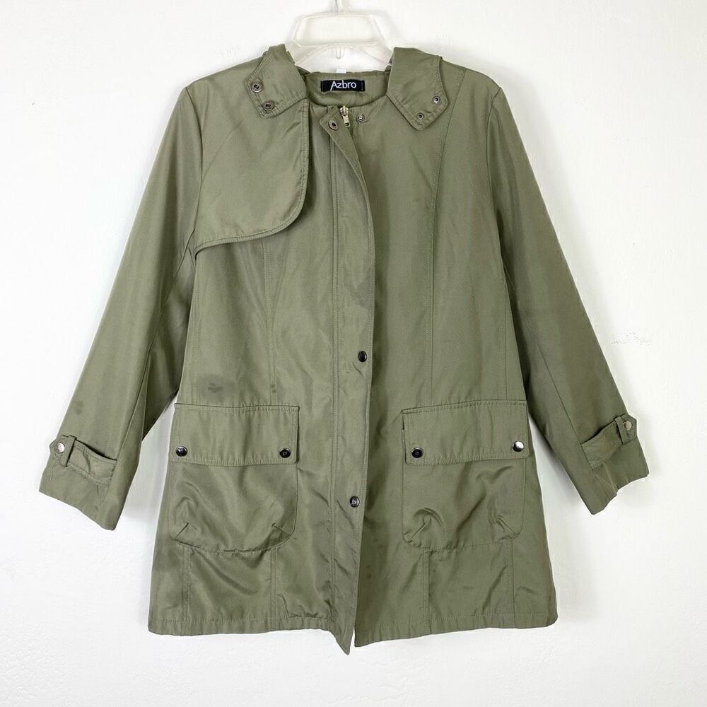 Azbro Olive Green Zip and Button Hooded Utility Jacket Size L
